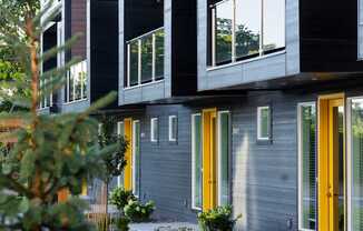 A modern building with grey walls and yellow doors.