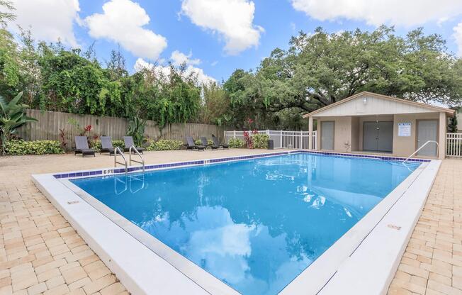 a pool next to a building