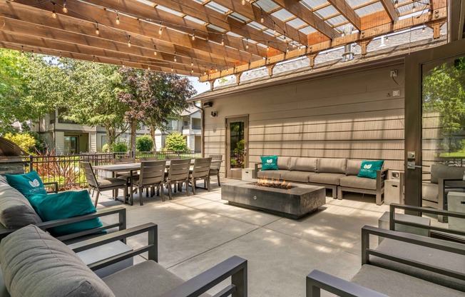 Outdoor lounge with firepit at Forest Hills in Eugene, Oregon
