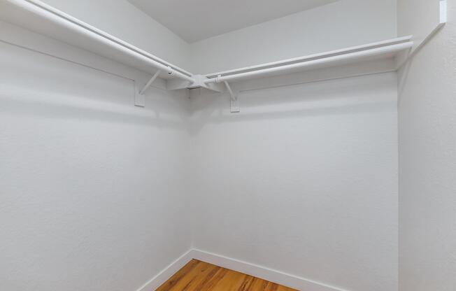 Empty closet with white walls, two hanging rods, and wooden flooring. The space is well-lit and uncluttered, providing a clean and minimalist storage area.