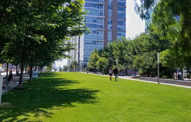 people walking on the grass in a park at Allied Harbor Point, Baltimore, MD