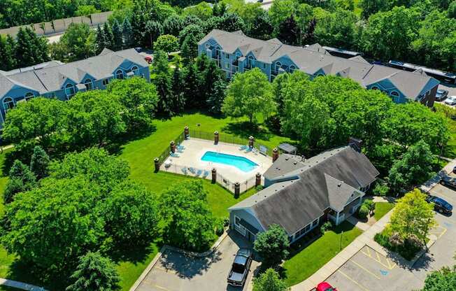 Ariel View of Pool with Large Sundeck at Foxwood and The Hermitage, Michigan