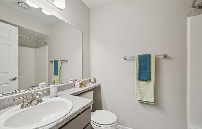 A bathroom with a white sink, toilet, and a mirror.