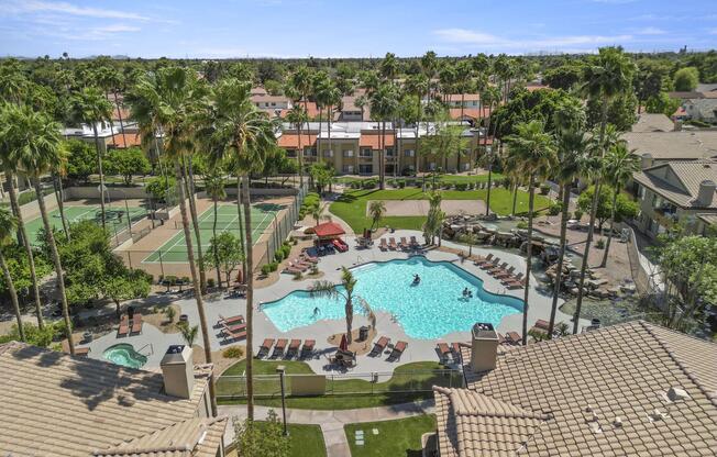 a pool next to a building