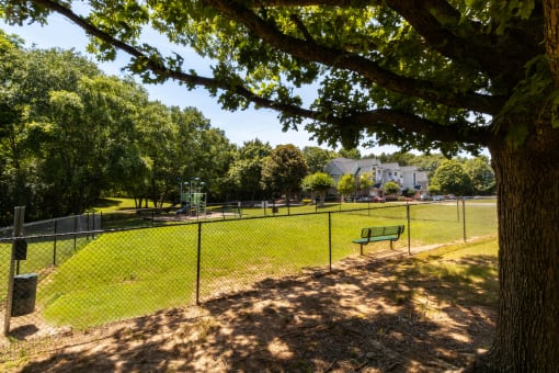 a park with a tennis court and a bench