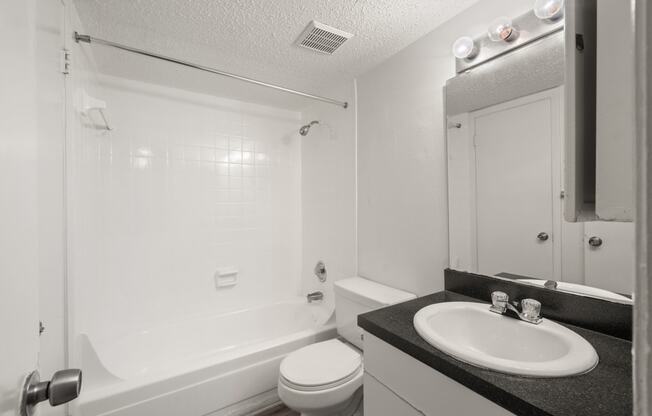 White bathroom with black countertop