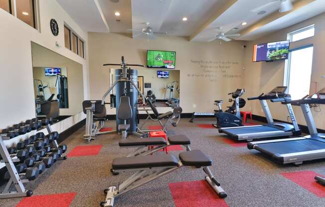 a gym with weights and cardio equipment and a tv