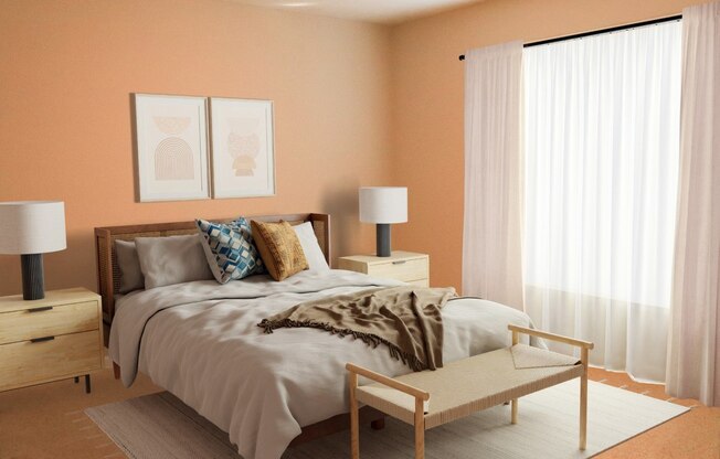 a bedroom with orange walls and white curtains and a bed with pillows