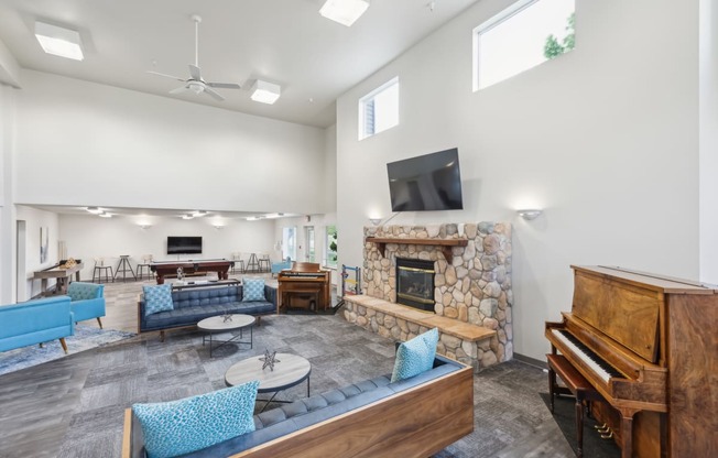 a living room with a couch and a table and a television