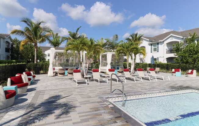 a swimming pool with chaise lounge chairs and palm trees