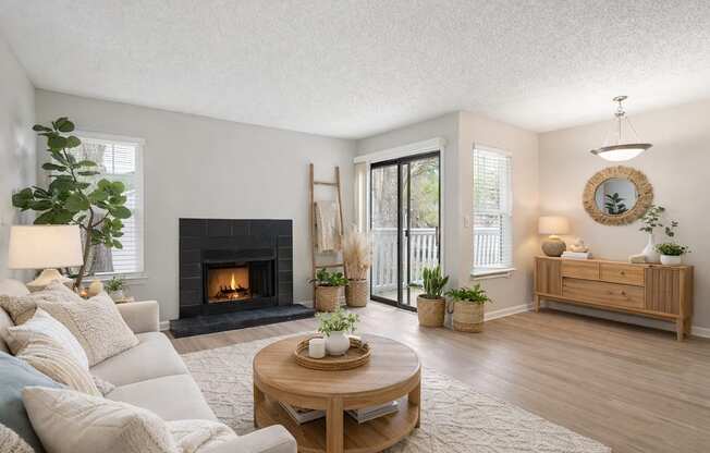 A cozy living room with a fireplace and a comfortable couch.