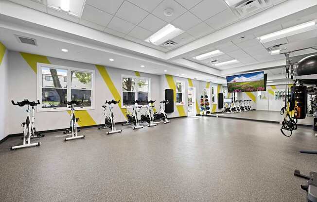 A gym with exercise bikes and a television screen.
