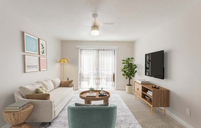 A living room with a couch, chair, and television.