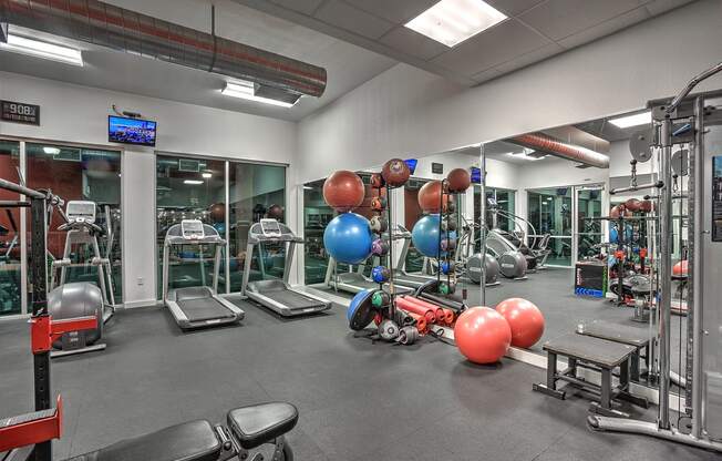 Multiple cardiovascular machines in large fitness center at The Mosaic on Broadway, San Antonio, Texas