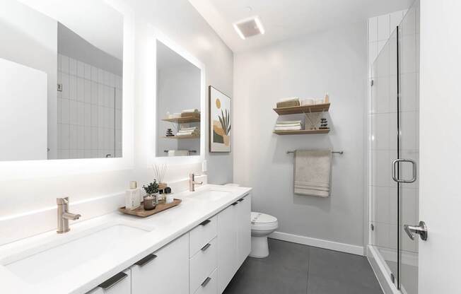 A modern bathroom with a white countertop and a white sink.