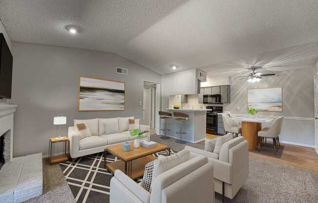 A living room with a fireplace and a dining area.