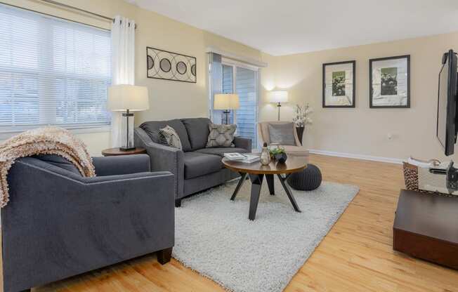 Modern Living Room at West Pointe Apartments, North Carolina, 27215