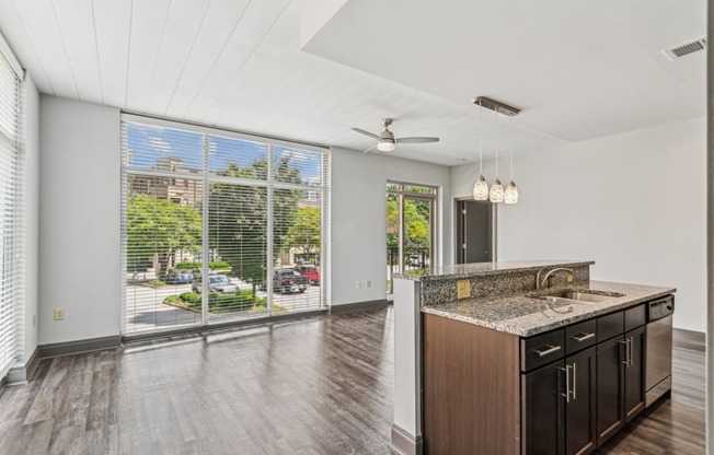 the preserve at ballantyne commons spacious living room and kitchen with large windows