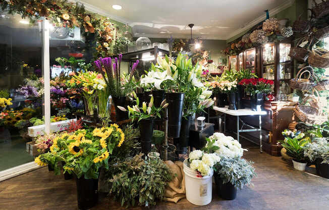 A flower shop with a variety of flowers in different pots and arrangements. at La Jolla Crossroads Apartments, California