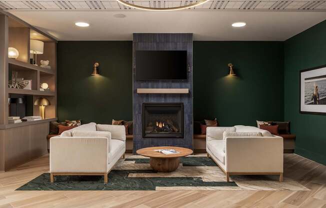 A living room with a fireplace and two chairs.