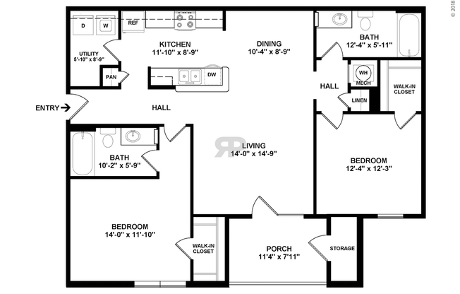 2 beds, 2 baths, 1,134 sqft, $1,361