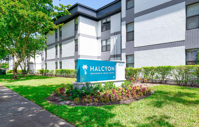 Apartment building exterior at Halcyon Apartments