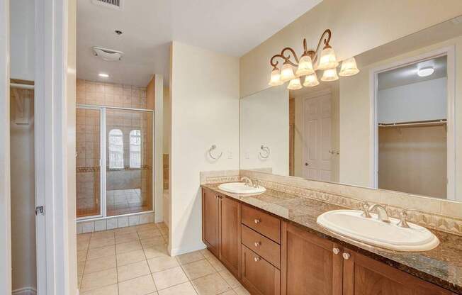 A bathroom with a double sink and a large mirror.