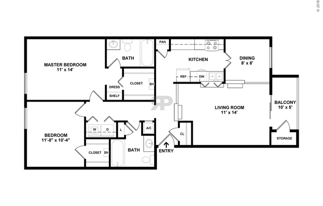 2 beds, 2 baths, 973 sqft, $1,051