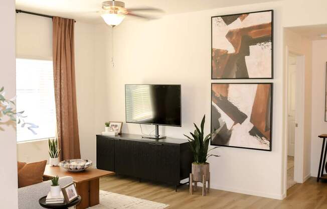 A living room with a television and a plant.