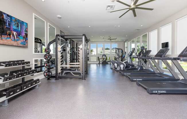 the gym has treadmills and other fitness equipment and windows at Solasta, Sacramento, CA, 95831