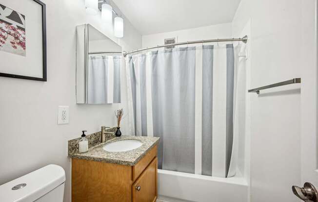 A bathroom with a toilet, sink, and shower curtain.