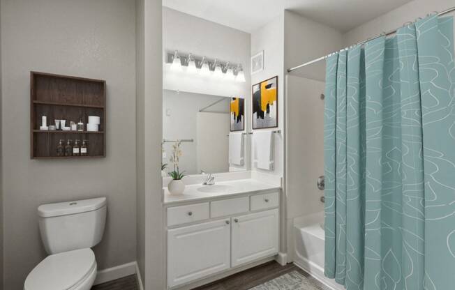 spacious bathroom with blue shower curtain