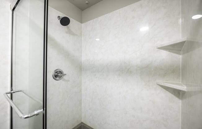 a large shower with a glass door in a bathroom