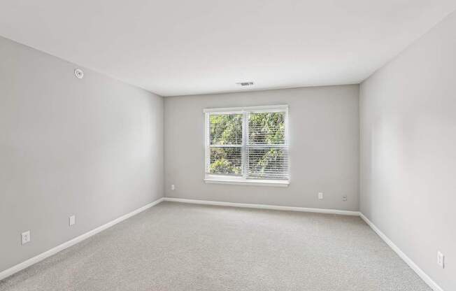 A room with a window and carpeted floor.