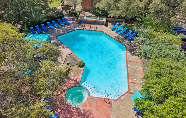 An aerial view of a swimming pool surrounded by trees.