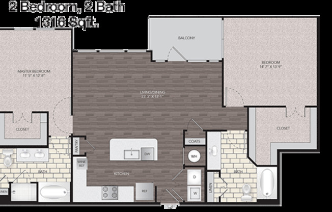 2 beds, 2 baths, 1,316 sqft, $2,402