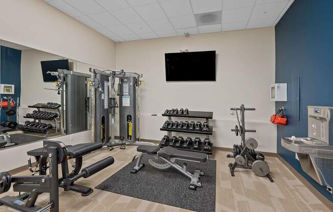 A gym with a variety of equipment including weights and machines.