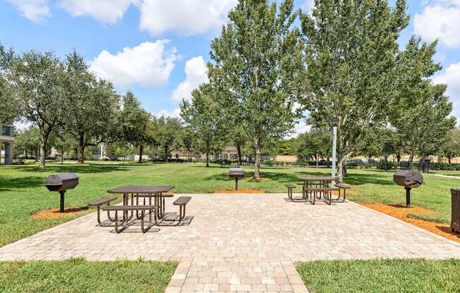 A park with picnic tables and trees.