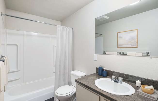 A full bathroom with a vanity sink, cabinet storage, a large mirror, a toilet, and a white shower curtain.at Wildflower, Washington