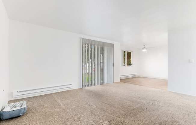 a living room with white walls and carpet and a sliding glass door