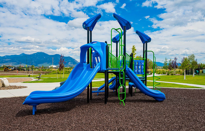 a playground with a blue slide in a park