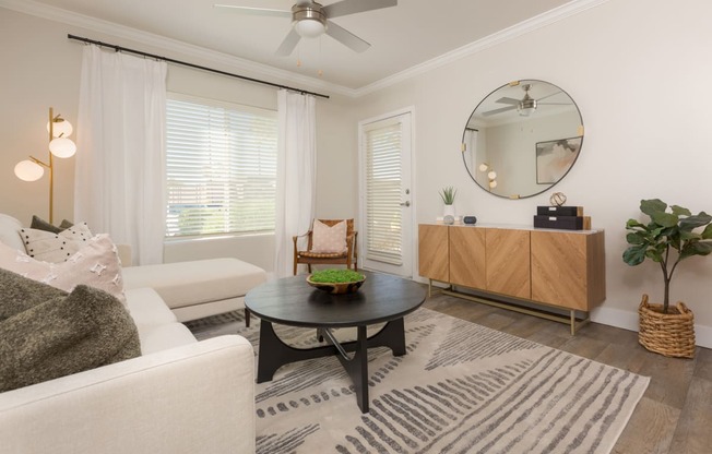 a living room with a couch and a coffee table