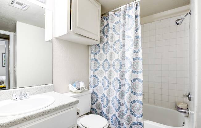 Full bathroom with small vanity and mirror, storage cabinet, and white tiled shower