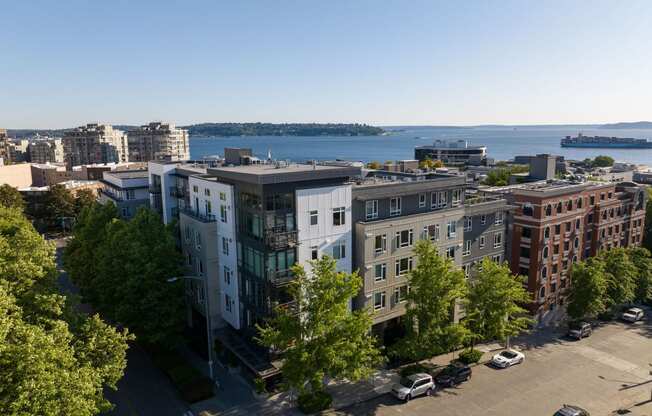 a view of a city street with a body of water in the background at Axis, Washington