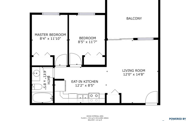 2 beds, 1 bath, 543 sqft, $1,050