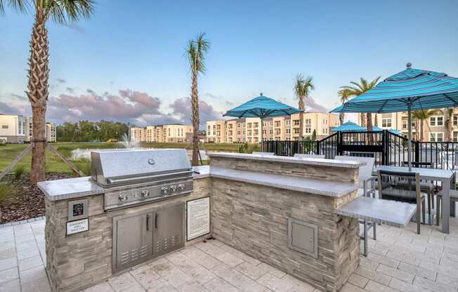 Poolside BBQs and seating.