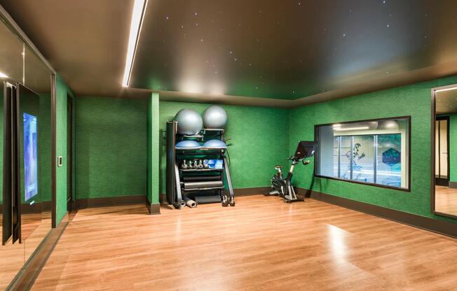 Movement studio with wood floors, mirrored walls, and fitness equipment designed for stretching, training, and mindful workouts.