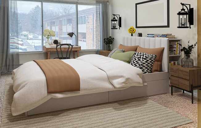 A bedroom with a large bed and a window overlooking a parking lot.