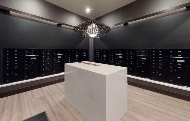 a room with a large white podium in the middle of it