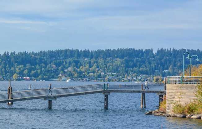 people walking on a bridge over the water at a pier